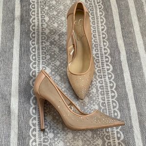 Jessica Simpson (size 7) Nude mesh rhinestone pumps high heels